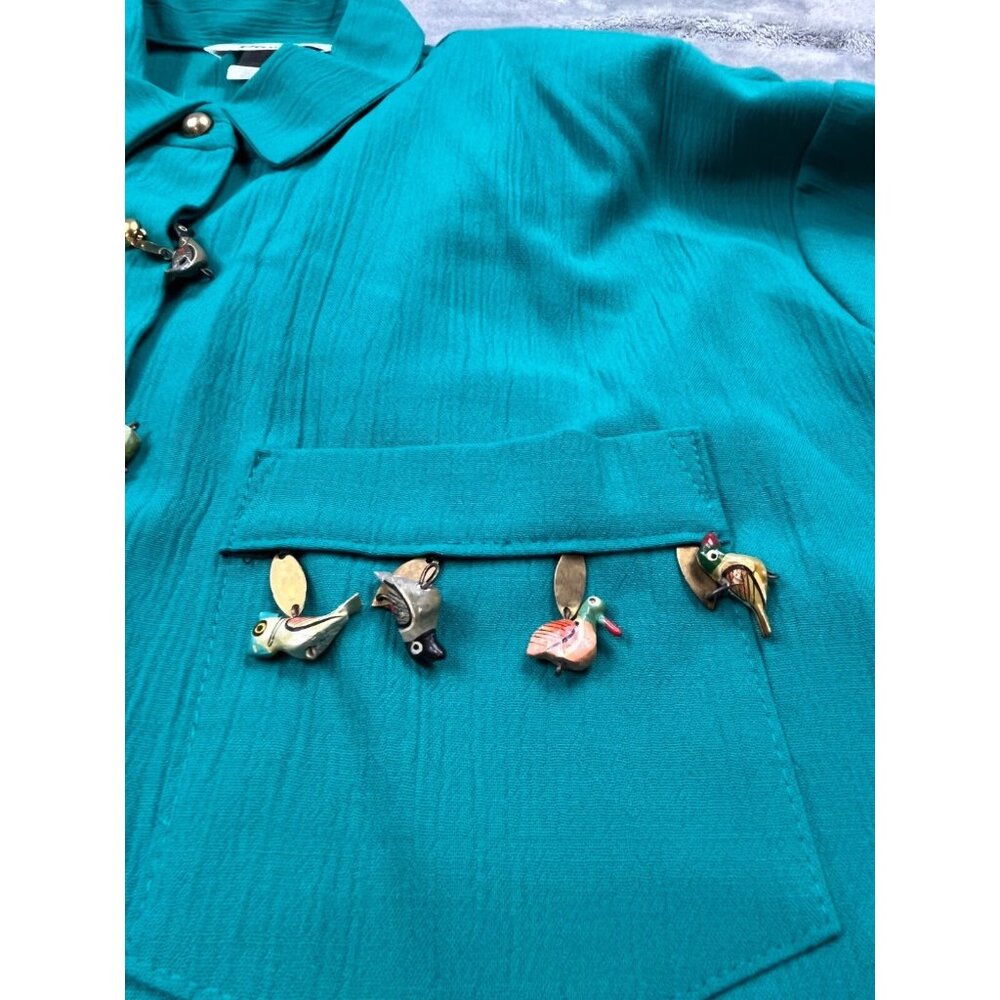 Vintage Niki Danielle Dress Women 14 Turquoise Shirt Dress Bird Brooch USA Made - Picture 8 of 10